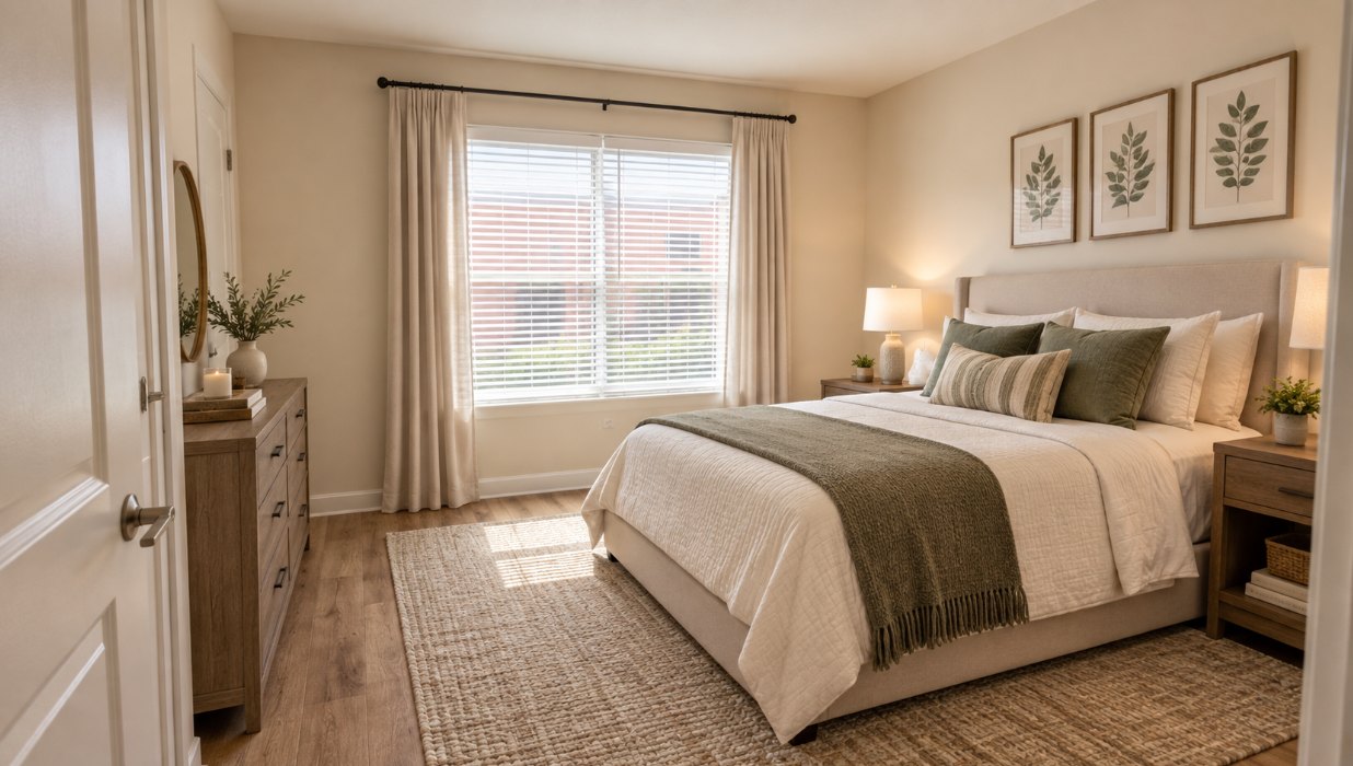 Bedroom at Hunters Run, shown virtually staged