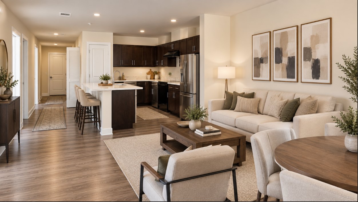 Living room and kitchen at Hunters Run, shown virtually staged